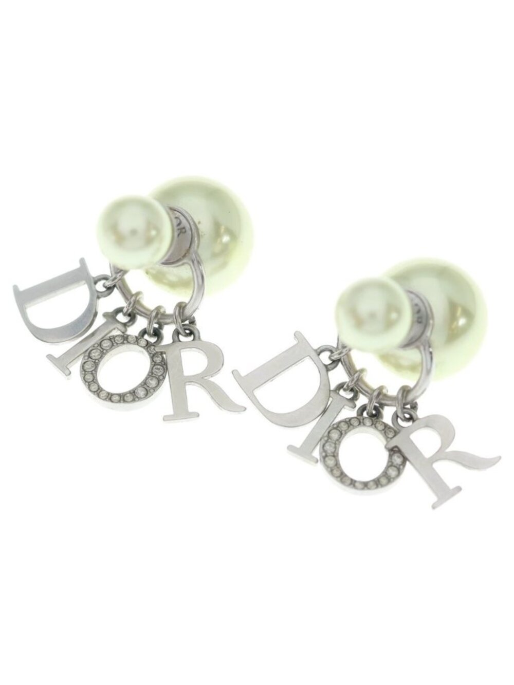 Dior Tribal Logo Rhinestone Pearl Earrings White Silver
